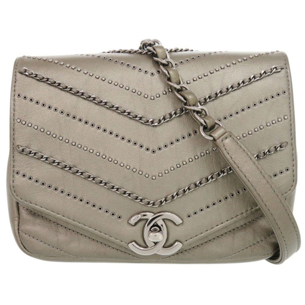 Chanel Chevron Coco Mark Leather Grey Chain Shoulder Bag (Serial Number 26-0243)